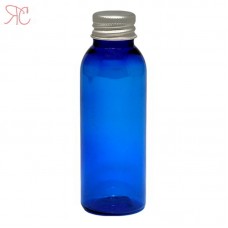 Blue plastic bottle with aluminiumm cap, 100 ml