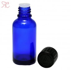 Blue glass bottle with dropper and childproof cap, 30 ml